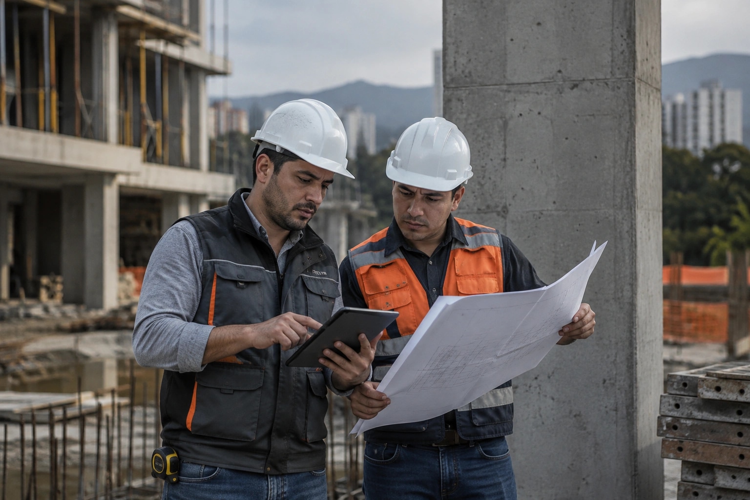 Site supervisors reviewing plans and a tablet
