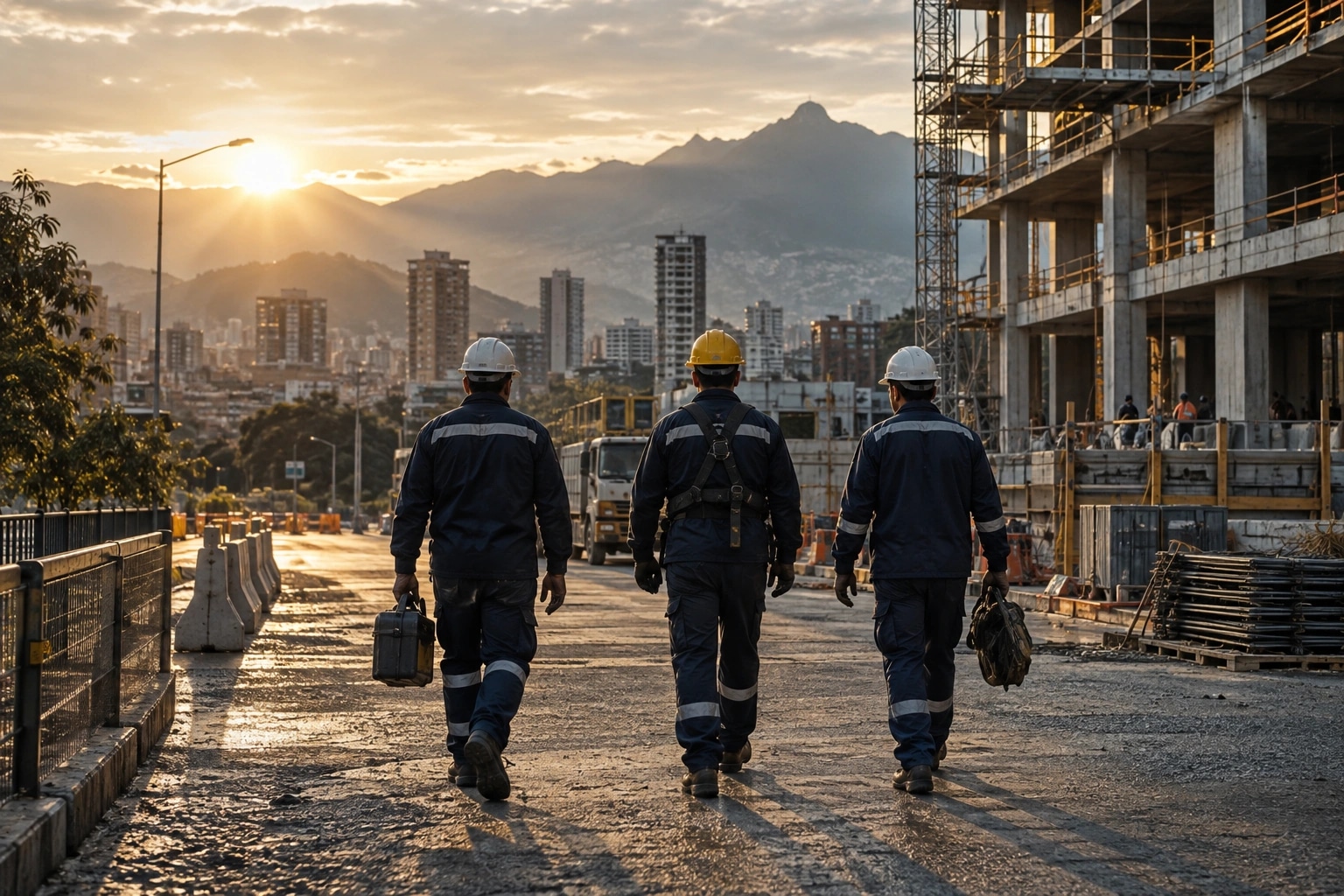 Construction workers arriving at an urban site at sunrise