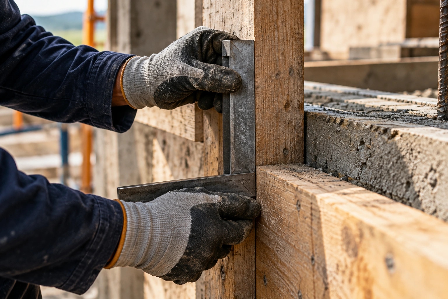 Gloved hands aligning timber formwork with a square