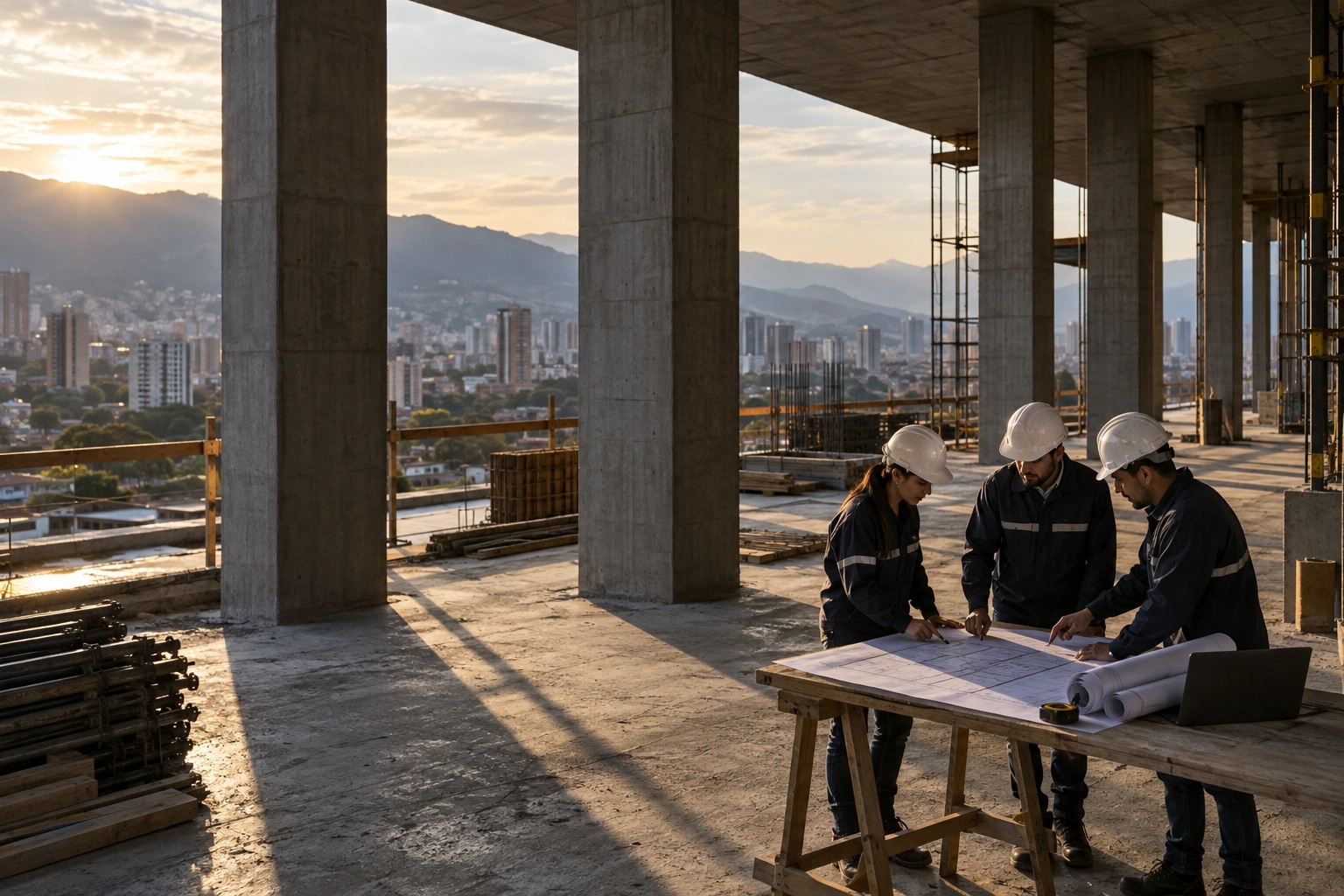 Construction team reviewing plans on site