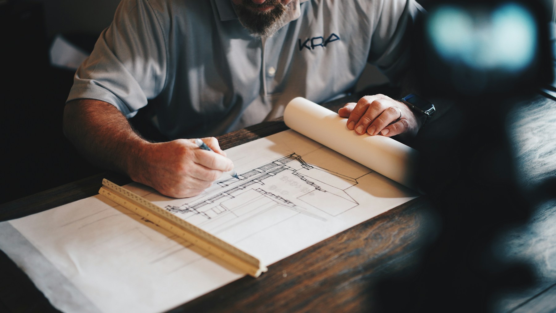 Close-up of a professional drawing construction plans.