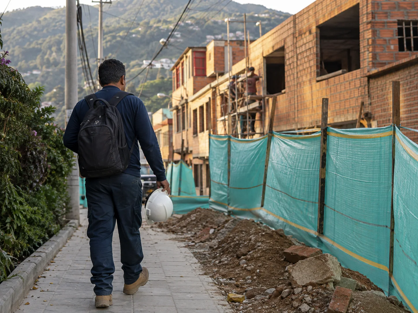 Construction worker walking toward a neighborhood project.